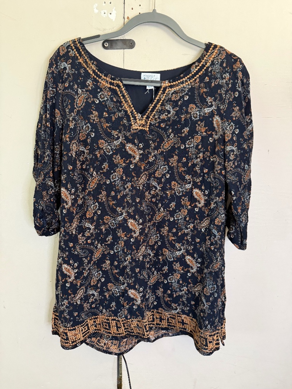 Market & Spruce Navy Paisley Print Tunic, Embroidered Trim